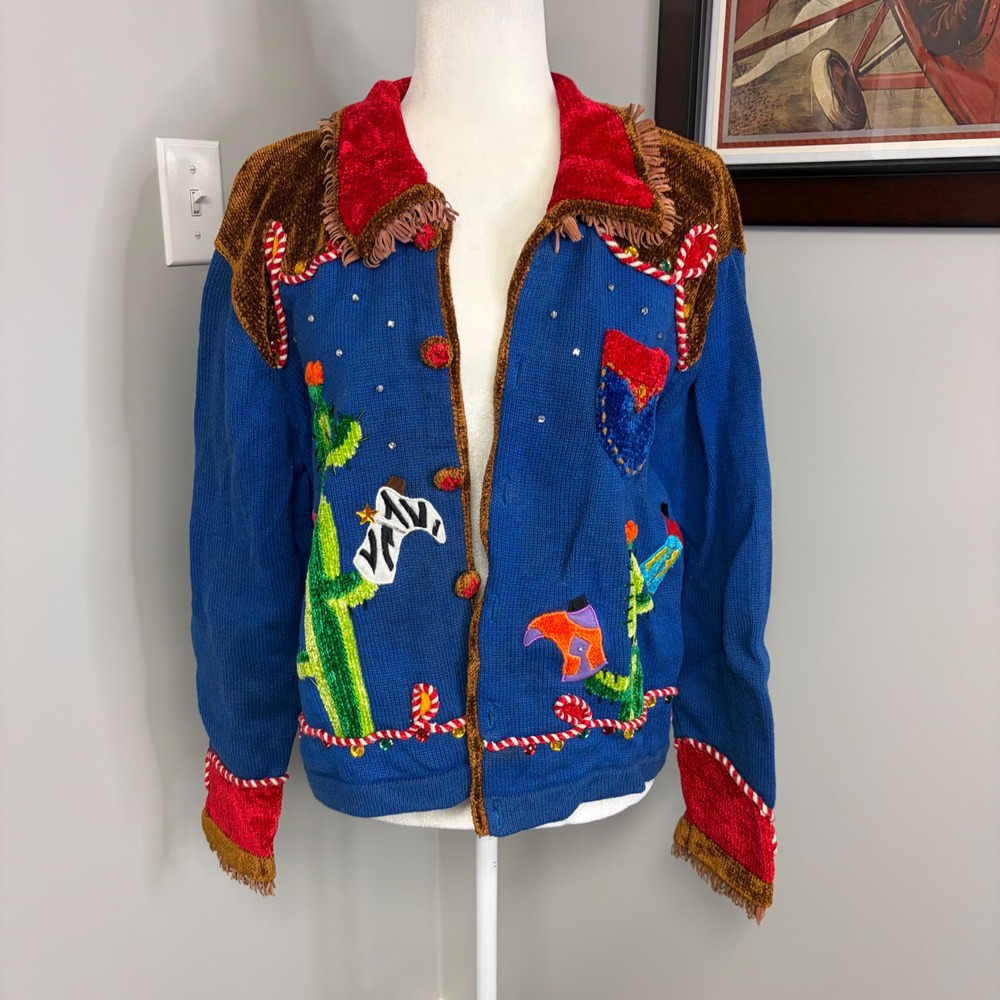 Vintage Western Cactus Cowboy Boot Embroidered Cardigan Blue Chenille Fringe L